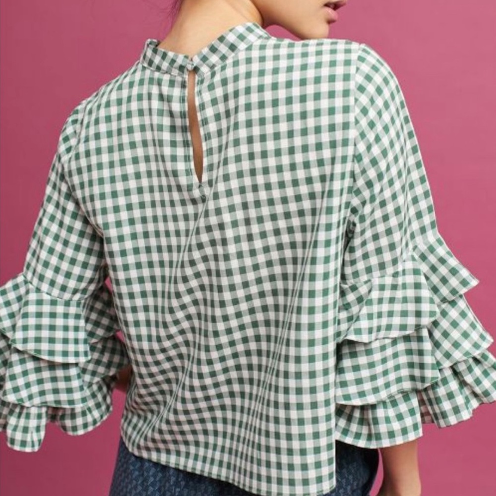 Sunday in Brooklyn || green gingham ruffle sleeve top || Anthropologie || size M